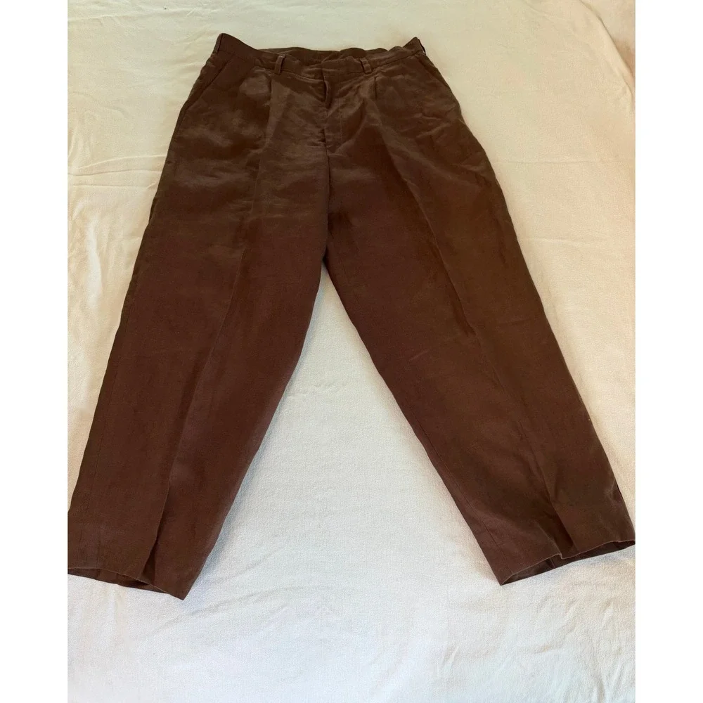 Men's Brown Pleated Trousers Linen Look Relaxed Fit Old Money Coastal 35 Waist
